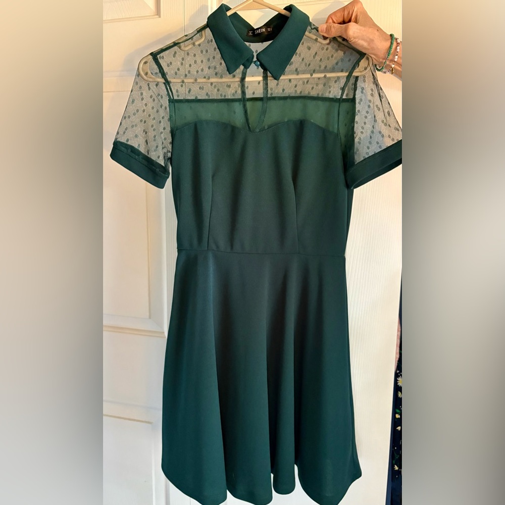 SHEIN Collared Green Dress with Mesh Top